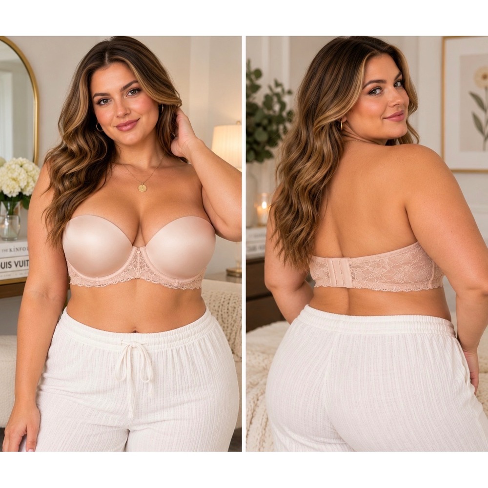Torrid Curve Beige Lace Trim Strapless Push Up Bra 40DDD Underwire Support